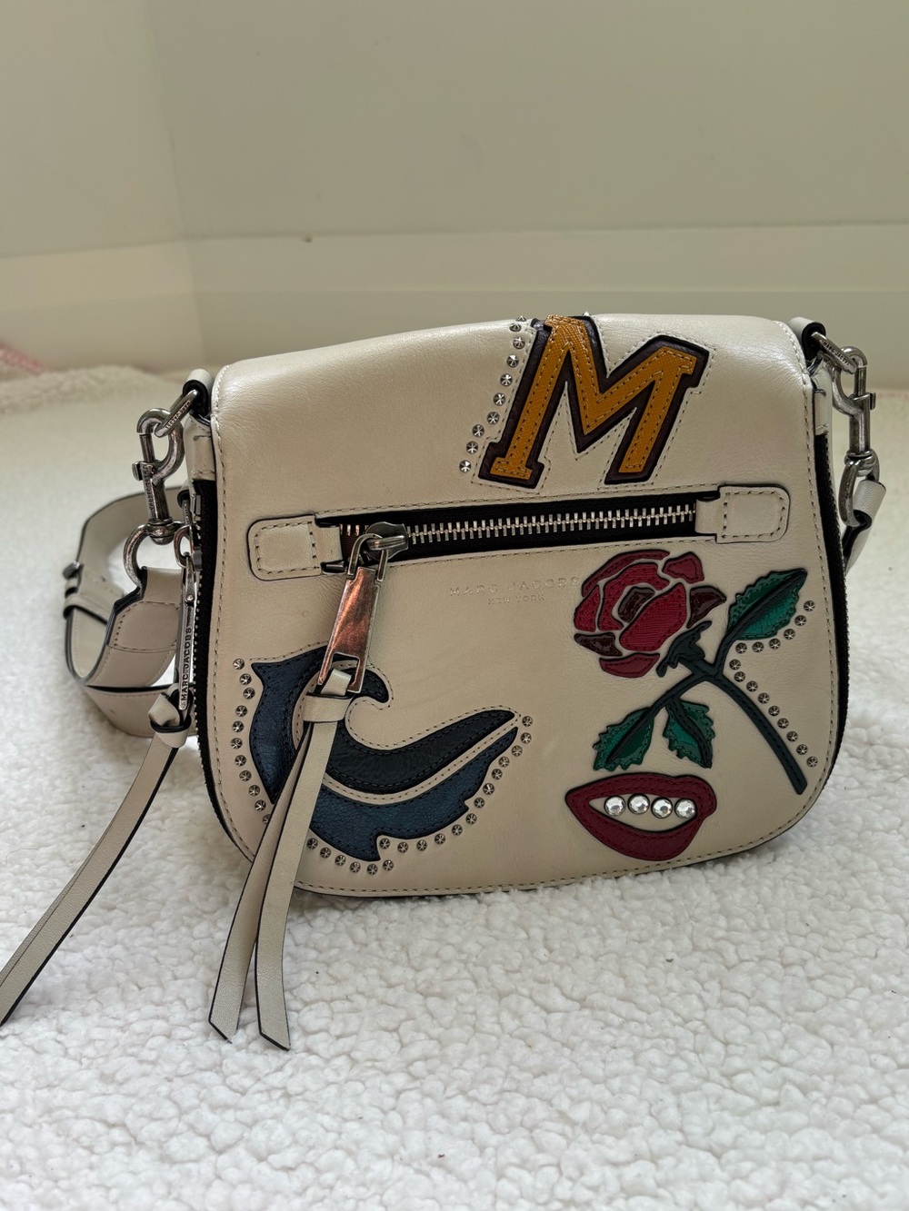 Marc Jacobs Maverick Cream Embellished Collage Saddle Crossbody Bag